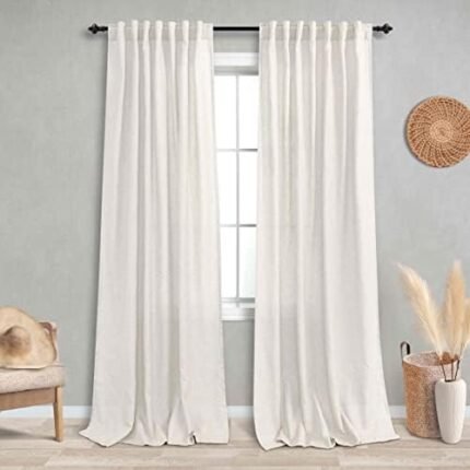 Cream Beige Natural Linen Semi Sheer Window Curtain Panels Drapes for Living Room Boho Neutral Rod Pocket Back Tab Long Curtains Set 2 for Farmhouse Decor Bedroom,Ivory Off White,52 x 84 Inch Length