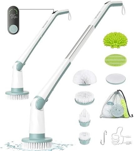 DANKARI Electric Spin Scrubber, Shower Scrubber with LED Display & 6 Replacement Scrubber Head, Dual Speed Bathroom Scrubber, Electric Scrubber for Cleaning Bathtub Grout Tile Floor, Green