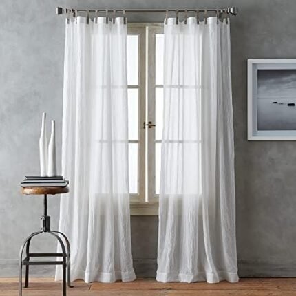 DKNY City Breeze Sheer Window Curtains for Living Room Faux Leather Tab Top Panel Pair, 50 x 96 inch, White