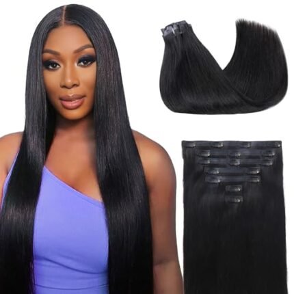 Docrit Seamless Clip in Hair Extensions Human Hair Extensions, Straight 7pcs 110g 14 Inch Natural Black Human Hair Clip in Extensions Soft PU Clip in Hair Extensions with Invisi Edge