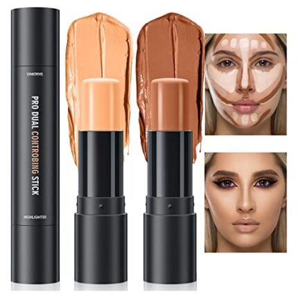 Double-End Highlighter Contour Stick, Cream Contour Stick Makeup Highlighter Stick, Professional Long-Lasting & Waterproof Face Body Contour Makeup Bronzer Stick (03#Natural Color+Medium Coffee)