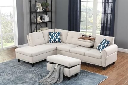 ERYE 3 PCS Modular Sectional Storage Ottoman Chaise, L-Shaped 5 Seaters Comfy Upholstered Corner Sofa & Couch W/2 Cup Holders for Home Apartment Office Living Room Furniture Sets, Beige Right