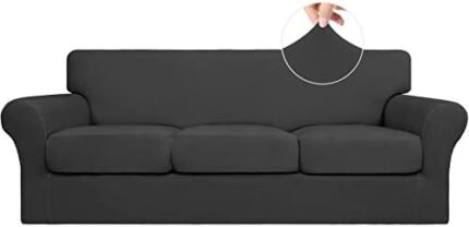 Easy-Going 4 Pieces Stretch Soft Couch Cover for Dogs - Washable Sofa Slipcover for 3 Separate Cushion Couch - Elastic Furniture Protector for Pets, Kids (Sofa, Dark Gray, Large)