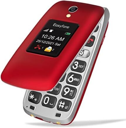 Easyfone Prime-A1 Pro 4G Unlocked Flip Cell Phone, 2.4'' HD Display, Big Buttons, Clear Sound, Large Fonts, SOS Button, SIM Card Included, Dumbphone with 1500mAh Battery and a Charging Dock (Red)