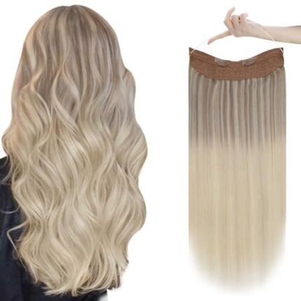 Easyouth Wire Hair Extensions Real Human Hair, Secret Fish Line Hair Extensions Blonde Clip in Wire Extensions Ash Blonde Fading to Platinum Blonde Mixed Blonde Wire Hair Extensions Nordic 12 inch 70g