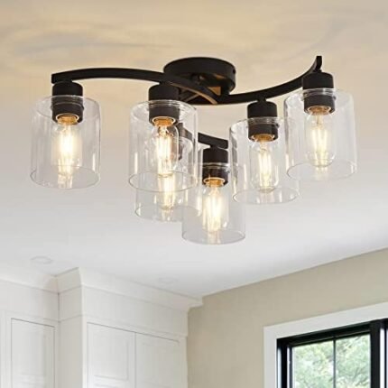 Eatich Black Ceiling Light Fixture, 6 Light Semi Flush Mount Ceiling Light, Kitchen Light fixtures with Clear Glass Shade, Modern Farmhouse Hallway Light Fixtures Ceiling Mount for Bedroom