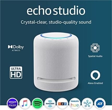 Echo Studio | Our best-sounding smart speaker ever - With Dolby Atmos, spatial audio processing technology, and Alexa | Glacier White