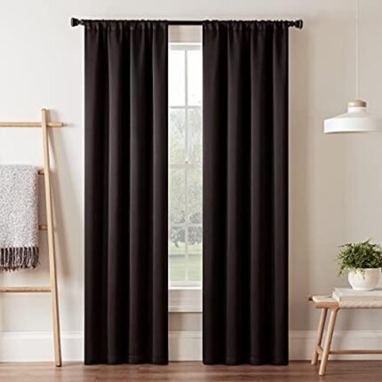 Eclipse Darrell Modern Blackout Thermal Rod Pocket Window Curtains for Bedroom or Living Room (Single Panel), 37 in x 63 in, Black