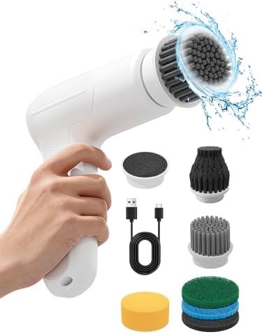 Electric Spin Scrubber, Cordless Electric Cleaning Brush, Electric Cleaning Brush Scrubber for Bathroom Kitchen,with 6 Replaceable Brush Heads, Electric Scrubber for Bathroom and Kitchen(White)