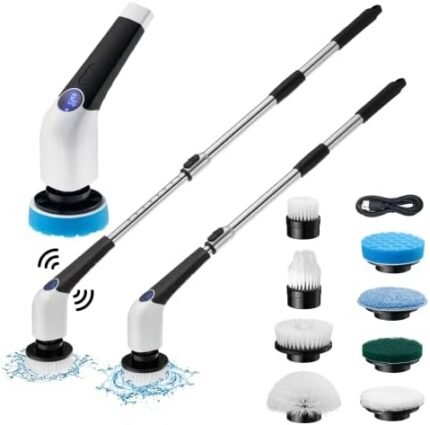 Electric Spin Scrubber, Jorking Cordless Power Scrubber Up to 420RPM Powerful Cleaning, Shower Scrubber for Cleaning Bathtub, Tile and Floor with 8 Types of Replaceable Brush Heads, Voice Broadcast