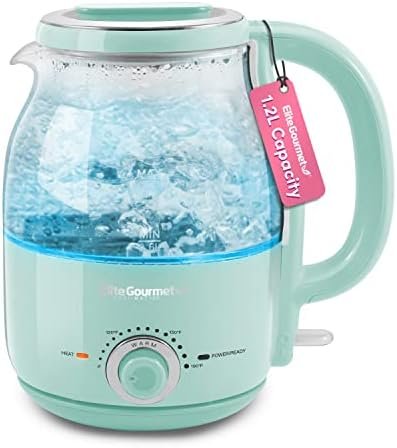 Elite Gourmet EKT1220M 1.2L Electric BPA-Free 1200W Glass Kettle, Temperature Dial Keep Warm Function, Cordless 360° Base, Blue LED Interior, Auto Shut-Off Function – Quick Boil, Mint