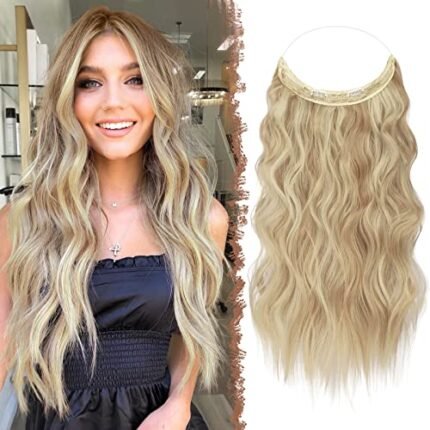 FESHFEN Invisible Wire Hair Extensions with Transparent Wire Synthetic Hair Piece Long Wavy Secret Headband Hairpieces for Women 20 inch Dark Golden Mix Beige Blonde