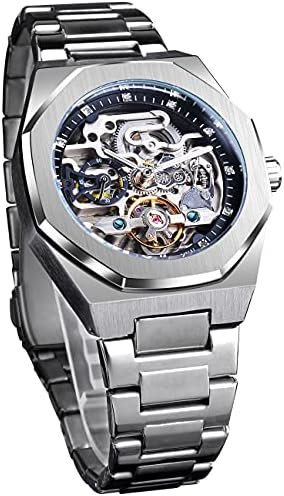 FORSINING Automatic Watch Mechanical Wrist Watch for Men Octagonal Waterproof Skeleton Watches Luxury Diamond Tourbillon Silver Stainless Steel Band