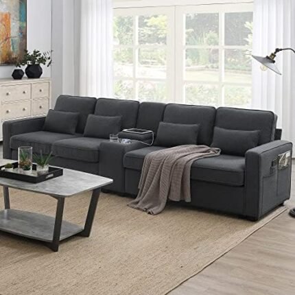 FULife 4-Seater Multifunctional Sectional Sofa Polyester Deap Seat Couch Minimalist Modular Sofá Boucle Couches with Storageable Coffee Table,2 Cupholders&Dual USB Ports Wired or Wirelessly Charged