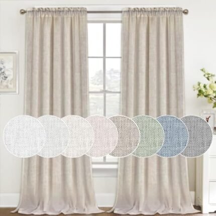 FantasDecor Linen Curtains 84 inch Length 2 Panels Set Light Filtering Privacy Linen Sheer Curtains for Living Room Rod Pocket Window Panels Country Rustic Farmhouse Curtain for Bedroom, Angora