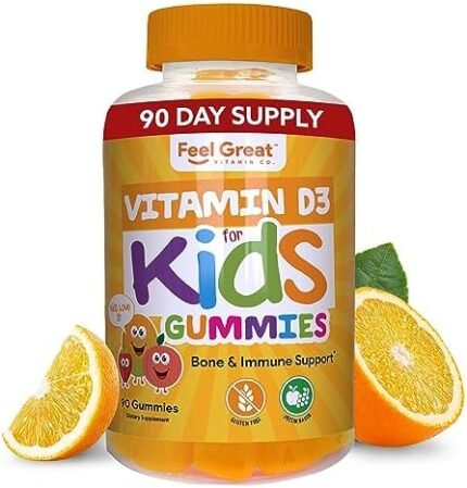 Feel Great Kids Vitamin D3 1000 IU Gummies | Kids Vitamin D Gummies for Healthy Bones, Mood, & Immune Support | Citrus Flavored Vegetarian D3 Gummies | 90 Day Supply