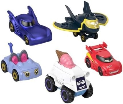 Fisher-Price HML20 Set of 5 Metal Vehicles including Bam La Batmobile, Flame, Kitty, Snowflake and Batplane Wheels, Scale 1:55, Children's Toy, From 3 Years,