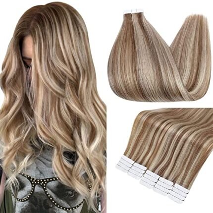 Full Shine 20inch Tape in Hair Extensions Human Hair Light Brown with Blonde Highlight Hair Extensions 20Pieces 50Grams Skin Weft Invisible Tape Extensions