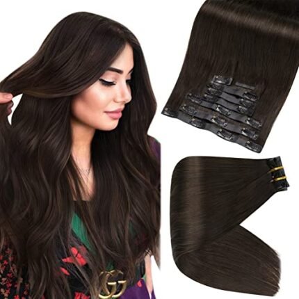 Full Shine Clip in Hair Extensions Dark Brown Clip in Hair Extensions Real Human Hair Pu Weft Hair Extensions Clip in Human Hair 16 Inch Human Hair Clip in Extensions Natural Human Hair 8Pcs 120Gram