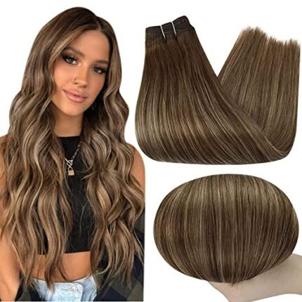 Full Shine Human Hair Extensions Sew in 20 Inch Weft Hair Extensions Human Hair Medium Brown Extensions Ombre to Caramel Blonde and Brown 105 Grams Remy Human Hair for Women Double Weft Hair