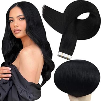 Full Shine Human Hair Tape in Hair Extensions 20 Inch Pu, Remy 50 Gram Color 1 Jet Black Seamless, 20 Pcs Silky Straight Brazilian Hair