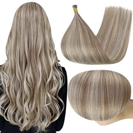 Full Shine I Tip Remy Human Hair Extensions 18 Inch Ash Brown Highlights Platinum Blonde Natural Straight I Tip Extensions Pre Bonded Hair Extensions 0.8g/s 50s 40g #8P60