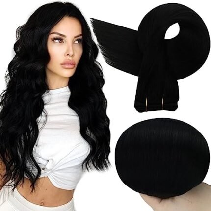 Full Shine Sew in Weft Hair Extensions Human Hair Weft 105 Grams Jet Black Remy Human Hair Silky Straight Weave Bundles Natural Extensions Brazilian Bundles 24 Inch