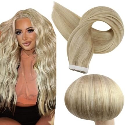 Full Shine Tape in Hair Extensions 20 Inch Tape in Human Hair Remy Hair Tape in Extensions Color 16/22 Golden Blonde Highlighted Light Blonde Hair Extensions 50 Gram 20pcs Seamless Skin Weft Hair