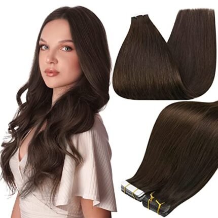 Full Shine Tape in Hair Extensions Remy Human Hair Invisible Skin Weft Color 2 Dark Brown Tape Hair Extensions Brazilian Hair 18 Inch 50 Gram Per Package 20 Pieces