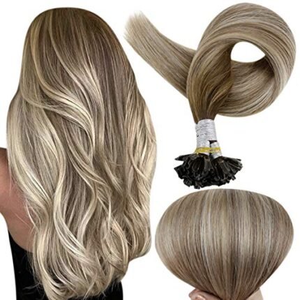 Full Shine U Tip Hair Extensions Real Human Hair 18 Inch Pre Bonded Human Hair Extensions Balayage Color 3 Fading to 8 Ash Brown And 22 Blonde Fusion Hair Extensions 50g/50s