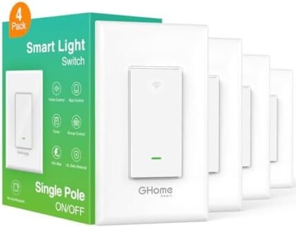 GHome Smart Switch, 2.4Ghz Wi-Fi Light Switch Compatible with Alexa, Google Home, Neutral Wire Required, Single-Pole,UL Certified,Voice Control and Timer,No Hub Required, 4Pack, White