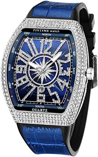 Gosasa Men's Fashion Cool Unique Tonneau Watch Bling Crystal Rhinestone Quartz Wristwatches with Rubber Strap