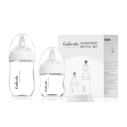 Gulicola Natural Glass Baby Bottle Newborn Set, 3 oz and 5 oz with Extra Slow Flow & Slow Flow Nipple, Anti Colic, 0-3 Months, 2 Pack - White