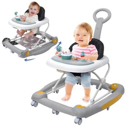 HAPYOOY 4 in 1 Baby Walker with Removable Handle,Baby Walkers Bouncer for Boys and Girls with Footrest,Sunshade, Feeding Tray,Rocking Function & Music Tray, Foldable Activity Walker 6-24 Months