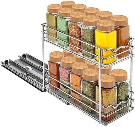 HOLD N' STORAGE Premium Pull-Out Spice Rack - 4.5"W x 10"D - Anti-Rust Chrome Finish - Heavy Duty with 5-Year Limited Warranty- Fits 2 Rows of Standard Spice Jars