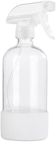 HOMBYS 16 Oz Clear Glass Spray Bottles with Silicone Sleeve,Empty Boston Bottle Spray Bottle with Adjustable Nozzle,Refillable Container for Cleaning, Essential Oils, Hair, Plants-1 Pcs (White)