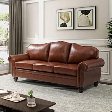 HULALA HOME 81'' Upholstered Leather Sofa with Nailhead Trim and Rolled Armrests, Mid-Century Modern Living Room 3-Seater Couch, Brown Couch with Removable Cushion for Bedroom Apartment