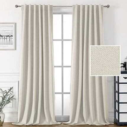 H.VERSAILTEX 100% Blackout Faux Linen Curtains for Bedroom 84 inch Full Light Blocking Drapes with Double Face Linen Back Tab Loop Pocket Textured Burlap Curtains for Living Room 2 Panels, Ivory