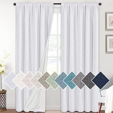 H.VERSAILTEX Linen Look 100% Blackout Bright White Curtains 95 Inches Long for Bedroom Full Light Blocking Rod Pocket Linen Textured Thick Window Curtain Drapes with White Backing, 2 Panels