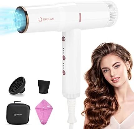 Hair Blow Dryer with Diffuser, IG INGLAM Professional 110,000 RPM High Speed Brushless Motor Negative Ion Low Noise Constant Temperature Auto-Clean, 3 Heat Settings 3 Speeds Powerful Ionic Hair Dryer