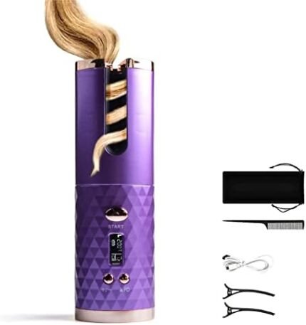 Hair Curler Automatic Cordless Curling Iron Wireless Hair Curler with LCD Temperature Display and Timer, Portable Rechargeable Ceramic Automatic Hair Curler Wand Fast Heating Hair Curler （E）