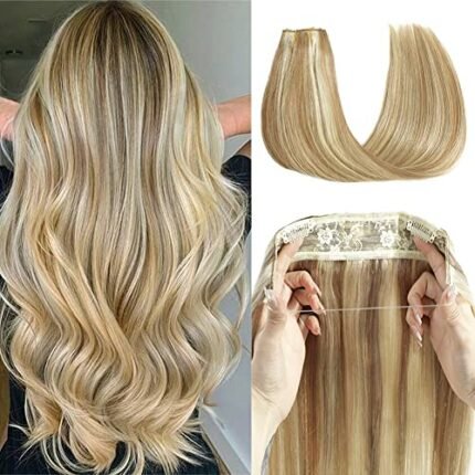 Hair Extensions 12 Inch Hair Extensions Real Human Hair Light Blonde to 613 Blonde Straight Hair Extensions Human Hair Extensions Hidden Wire Hair Extensions Transparent Fish Line Invisible Hairpiece