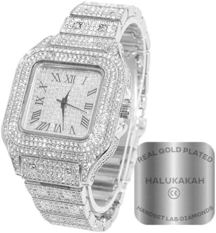 Halukakah Men’s Diamond Watch - The King - 18K Gold/Platinum Plated, 40MM Square Dial, Iced Out Wristband, Lab Diamonds Handset, with Cuban Link Chain Necklace and Bracelet Set Optional, Comes in Giftbox