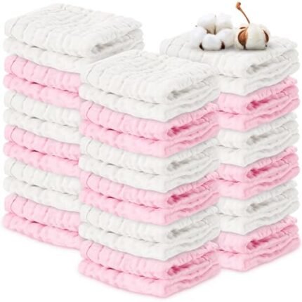 Handepo 36 Baby Muslin Washcloths 6 Layer Soft Absorbent Face Towels Natural Cotton Newborn Wipes Muslin Baby Wipes Washcloth for Sensitive Skin Baby 12 x 12 Inches(White, Pink)