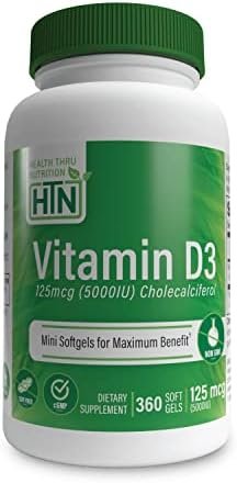 Health Thru Nutrition Vitamin D3 5,000iu 125mcg Cholecalciferol | Mini Softgels for Maximum Benefit | 3rd Party Tested | Non-GMO USP Grade in Organic EVOO | Immune Health Support (Pack of 360)