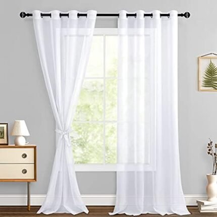 Hiasan White Sheer Curtains 96 Inches Long with Tiebacks, Lightweight and Light Filtering Voile Drapes Extra Long Grommet Window Curtains for Bedroom, Living Room, Patio Door, W52 x L96, 2 Panels