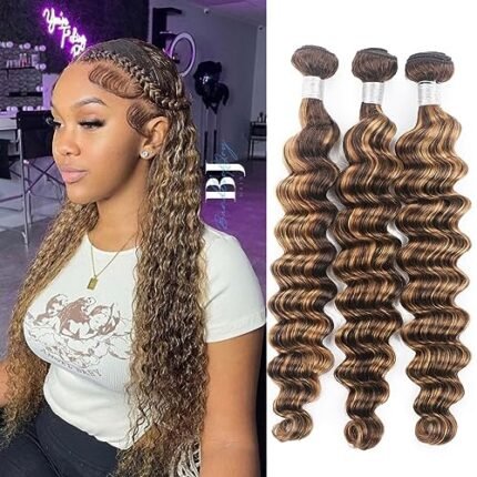 Highlight Human Hair 3 Bundles Deep Wave Human Hair Bundles Double Weft Brazilian Virgin Human Hair Extensions P4/27 Light Brown Mixed Blonde Human Hair Weave 100G/Pcs (16 18 20 Inch)