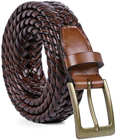 JASGOOD Men's Braided Leather Belt, Braided Woven Belt for Men Casual Jeans with Solid Strap Single Prong Buckle