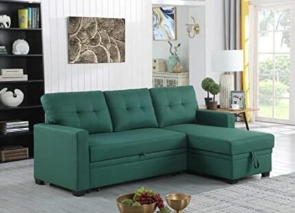 KELRIA L-Shape Reversible Linen Fabric Sleeper Sectional Sofa with Storage Chaise, Corner Couch with Arms for Living Room, Home Furniture, Apartment, Dorm, Bedroom, Green, 82 Inch