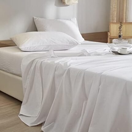 King Size White Sheets Set 4 Piece Cooling Sheets- Hotel Luxury King Bed Sheets Deep Pocket Fitted Sheet Washed Cotton Bedding Sheets & Pillowcases Set, Easy Care King Bedding Sheets